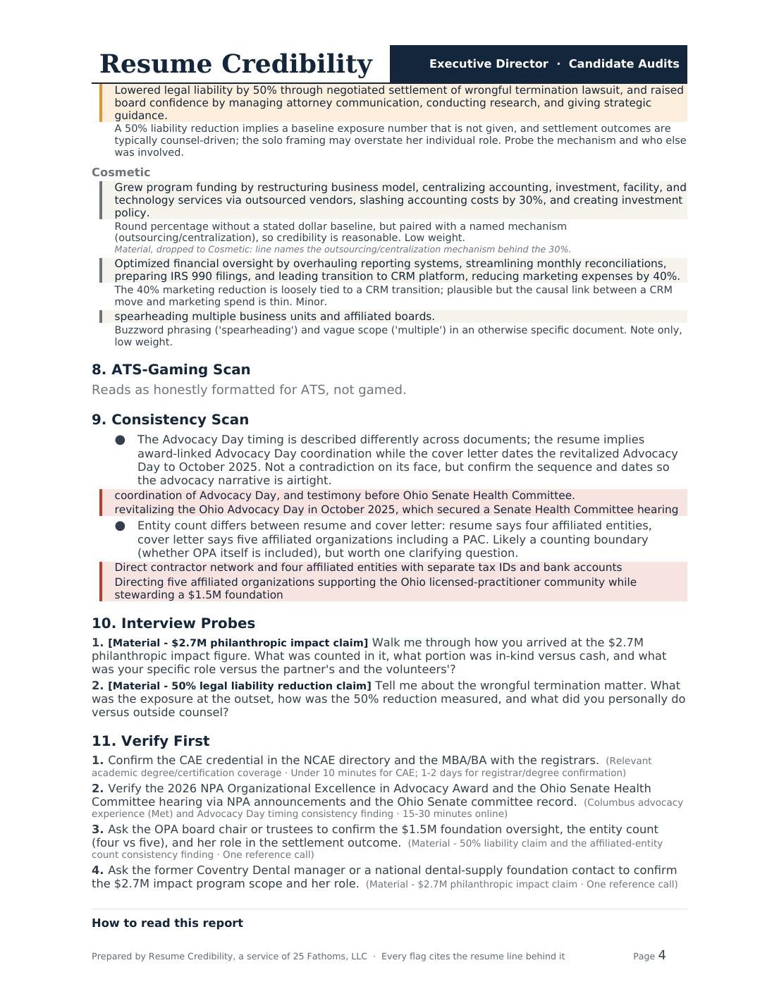 Page four: the remaining inflation flags, the ATS-gaming and consistency scans, the interview probes, and the Verify First checklist.